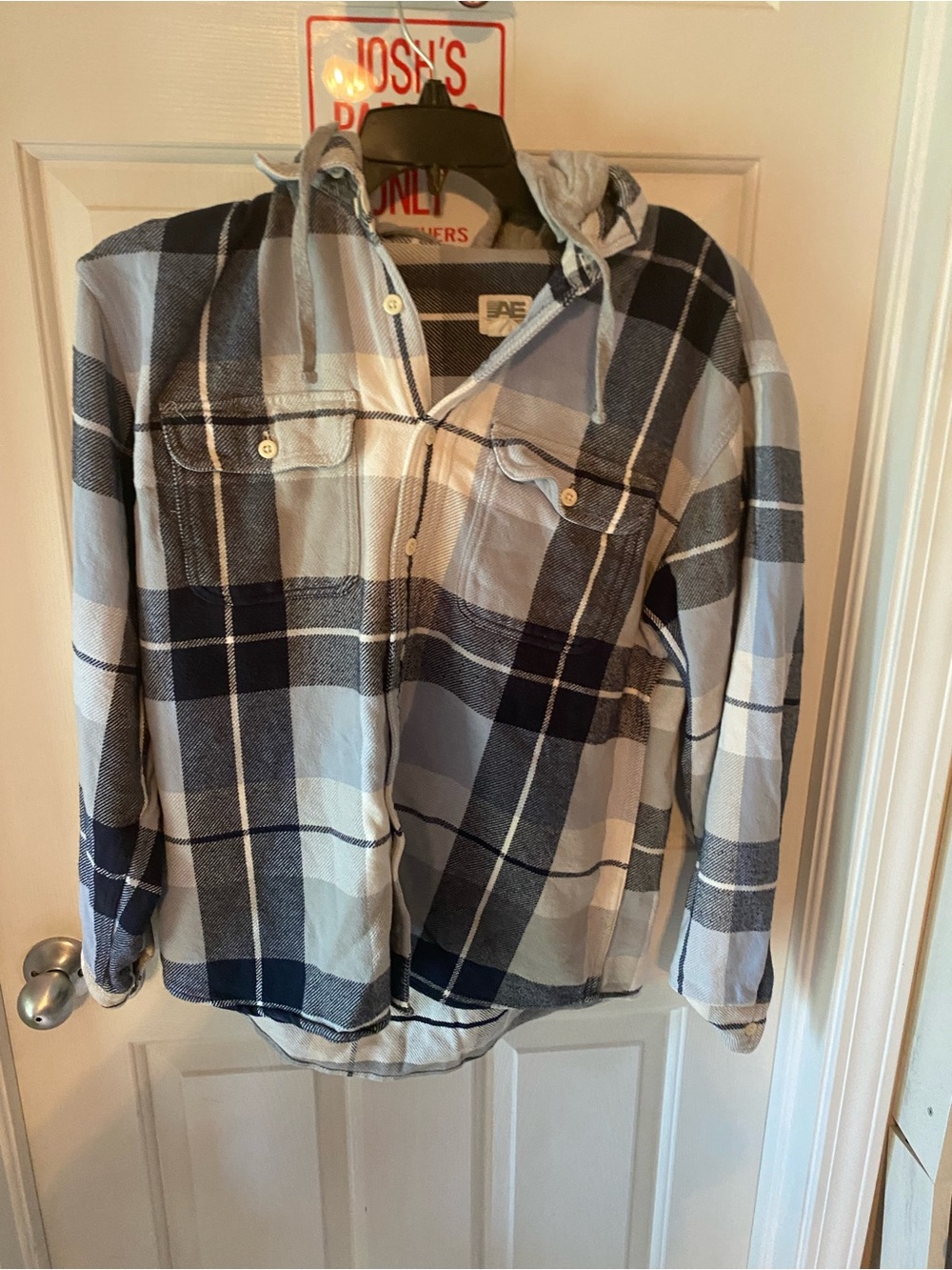 American Eagle Outfitters Blue and Gray Plaid Hooded Shirt Jacket